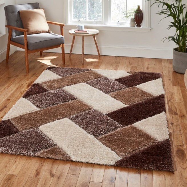 Olympia 2239 Beige Brown Geometric Shaggy Rug